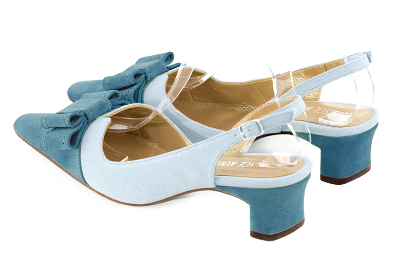 Peacock blue women's open back shoes, with a knot. Tapered toe. Low kitten heels. Rear view - Florence KOOIJMAN